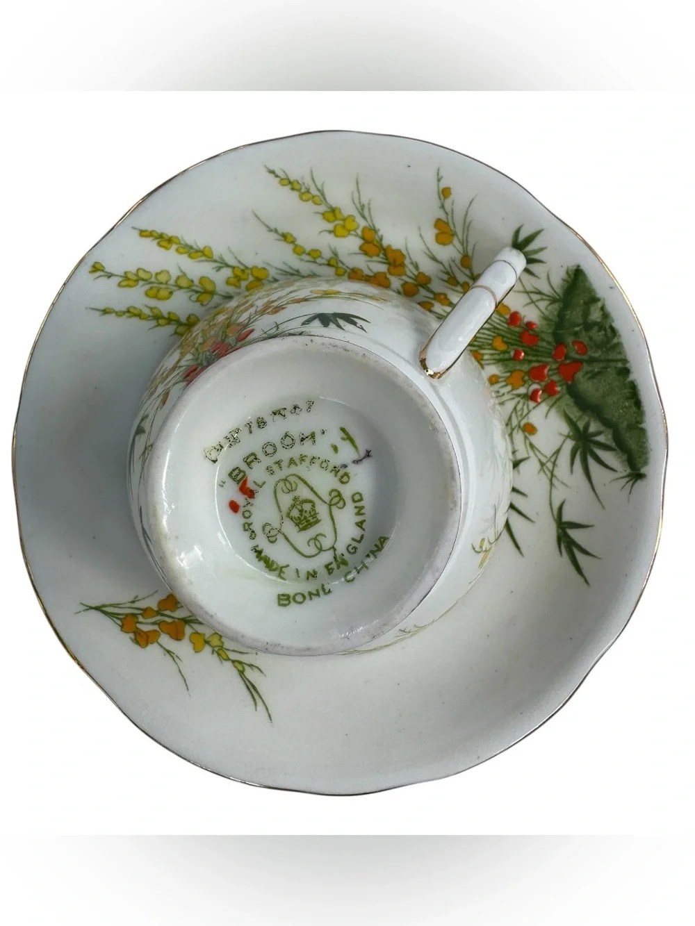 Vintage Royal Stafford Bone China Teacup & Saucer BROOM Pattern Made in England